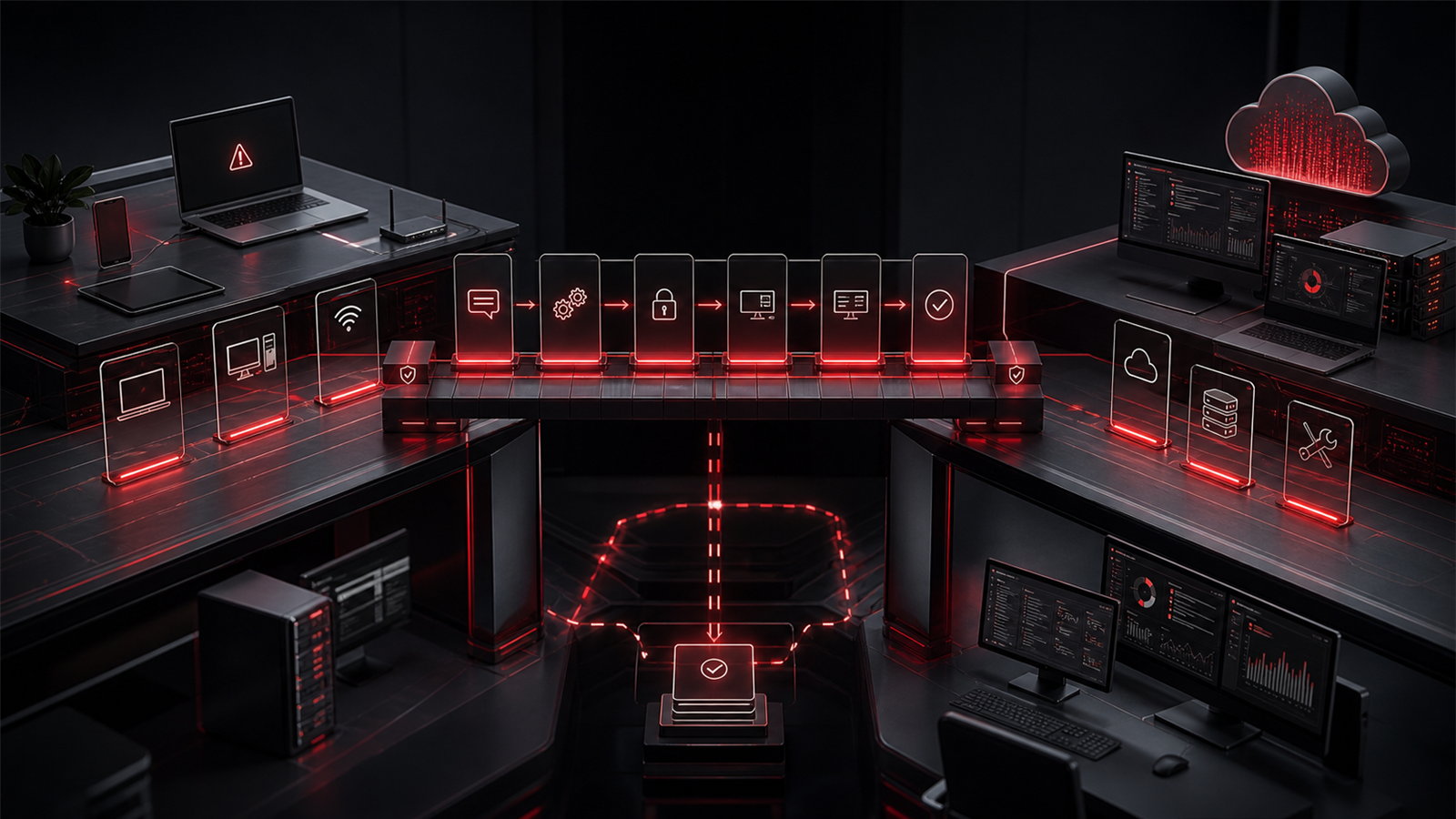Premium red and black managed IT operations scene showing secure remote support lanes, cloud administration, endpoint visibility, and issue resolution ownership.