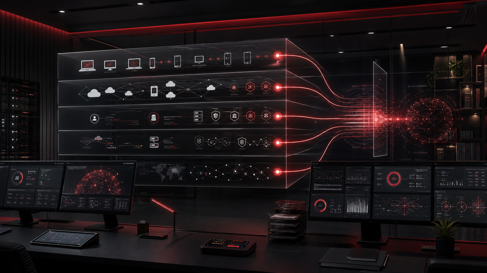 Premium red and black operations view showing monitored business systems, signal layers, and calm IT response pathways.