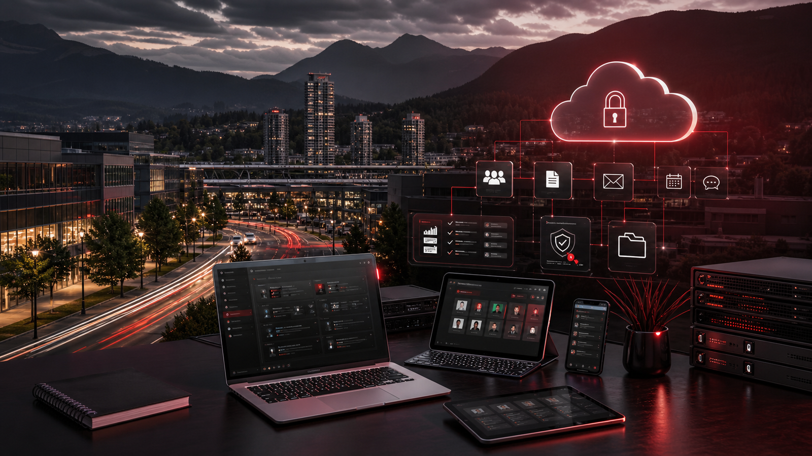 Premium red and black Coquitlam business technology scene showing managed IT support, cloud systems, secure devices, and local BC service coverage.