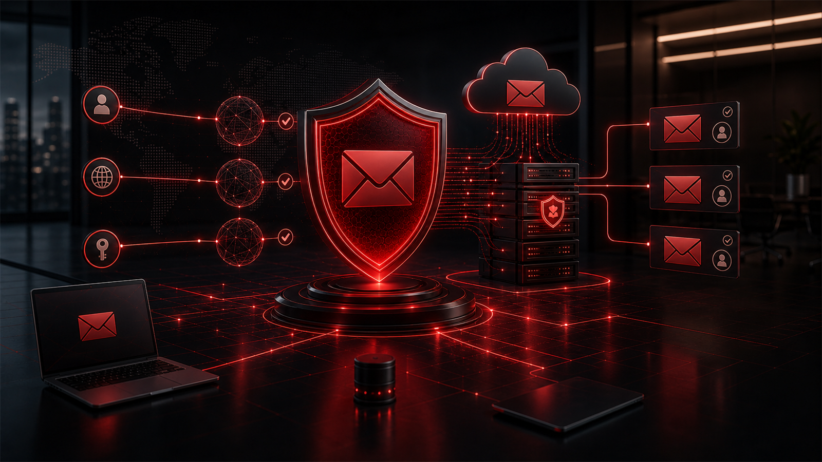 Red digital shield protecting business email, cloud mail flow, and secure domain communication.
