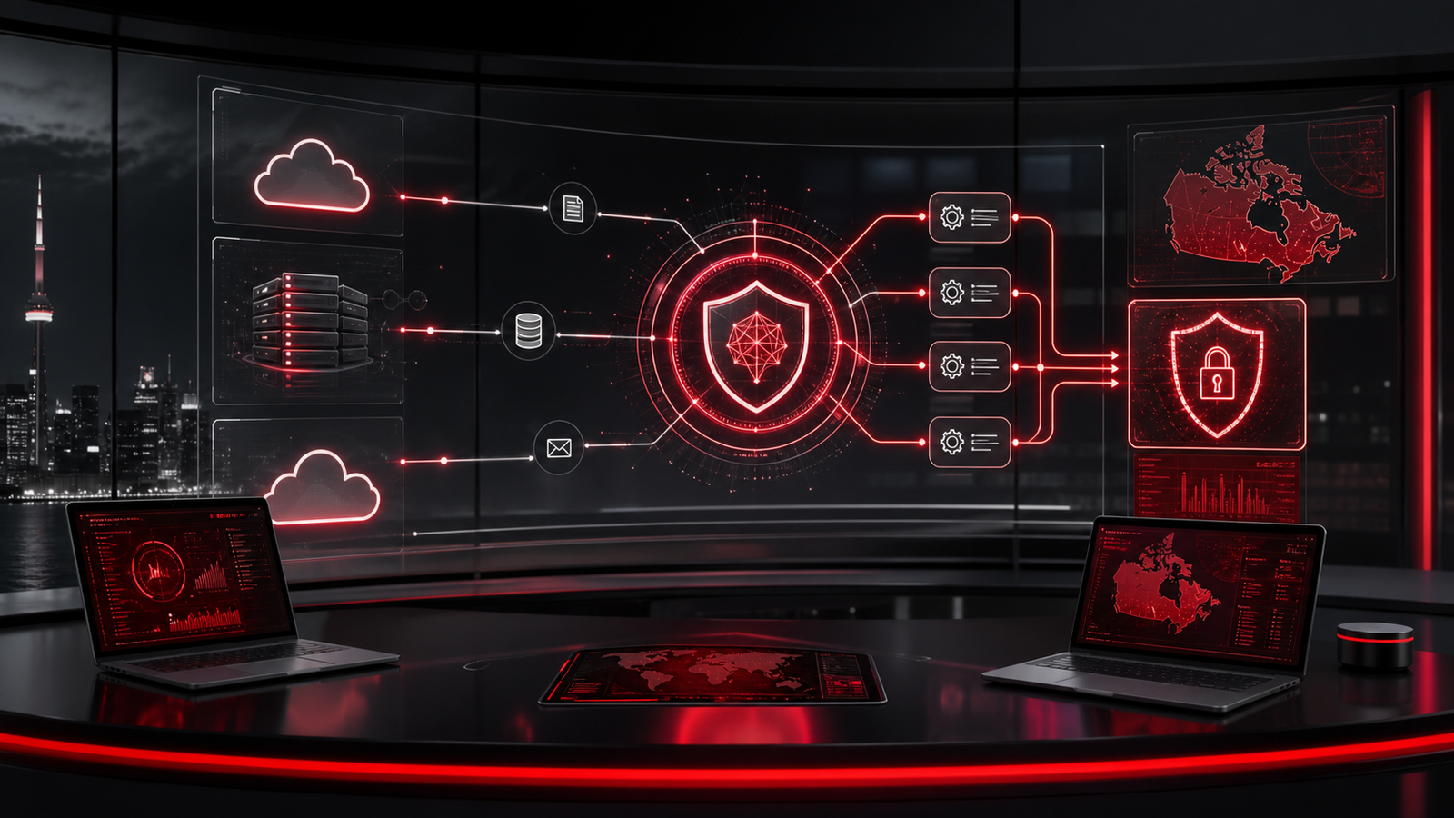 Premium red and black business technology dashboard showing secure AI workflows, protected data, and automation oversight.