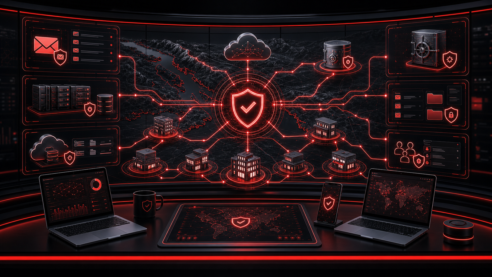 Premium red and black managed cybersecurity dashboard protecting small business devices, cloud systems, email, and backups across BC.