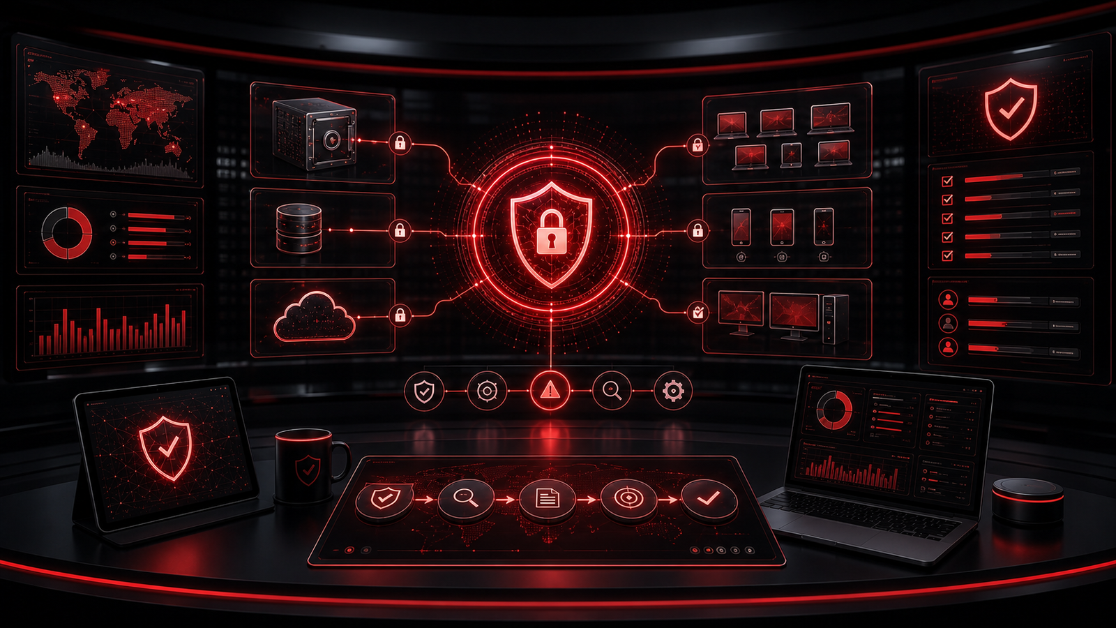 Premium red and black cybersecurity dashboard showing ransomware readiness controls, protected backups, secure devices, and response planning.
