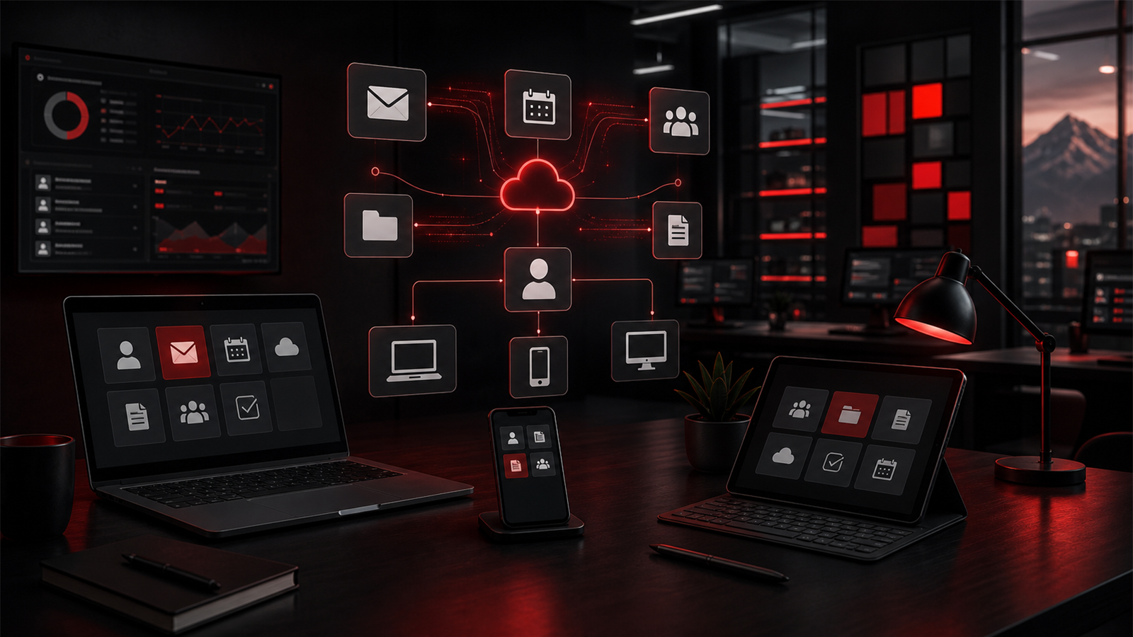 Premium red and black Microsoft 365-style business operations scene showing secure email, users, files, devices, and collaboration workflows without official logos