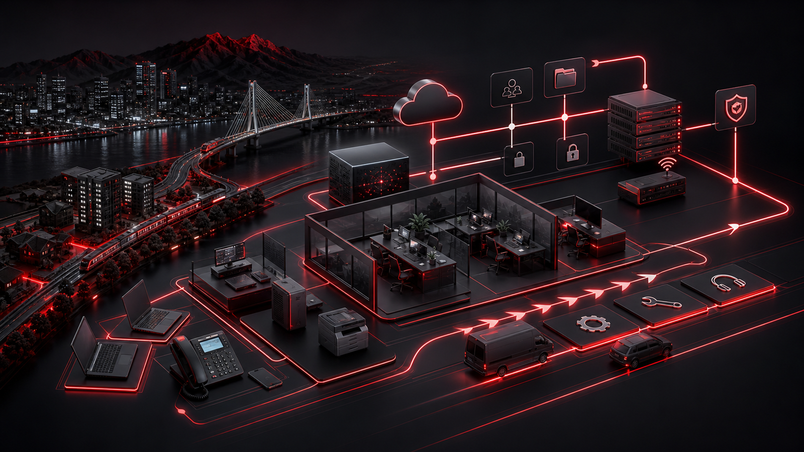 Premium red and black local BC managed IT support scene showing small business devices, cloud systems, secure network gateways, and service response pathways.