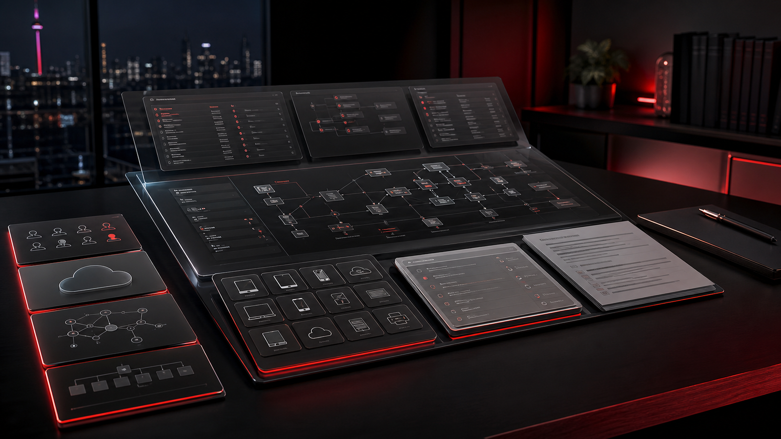 Premium red and black business technology scene showing IT documentation, system maps, device records, and support runbooks organized into a reliable operational layer.