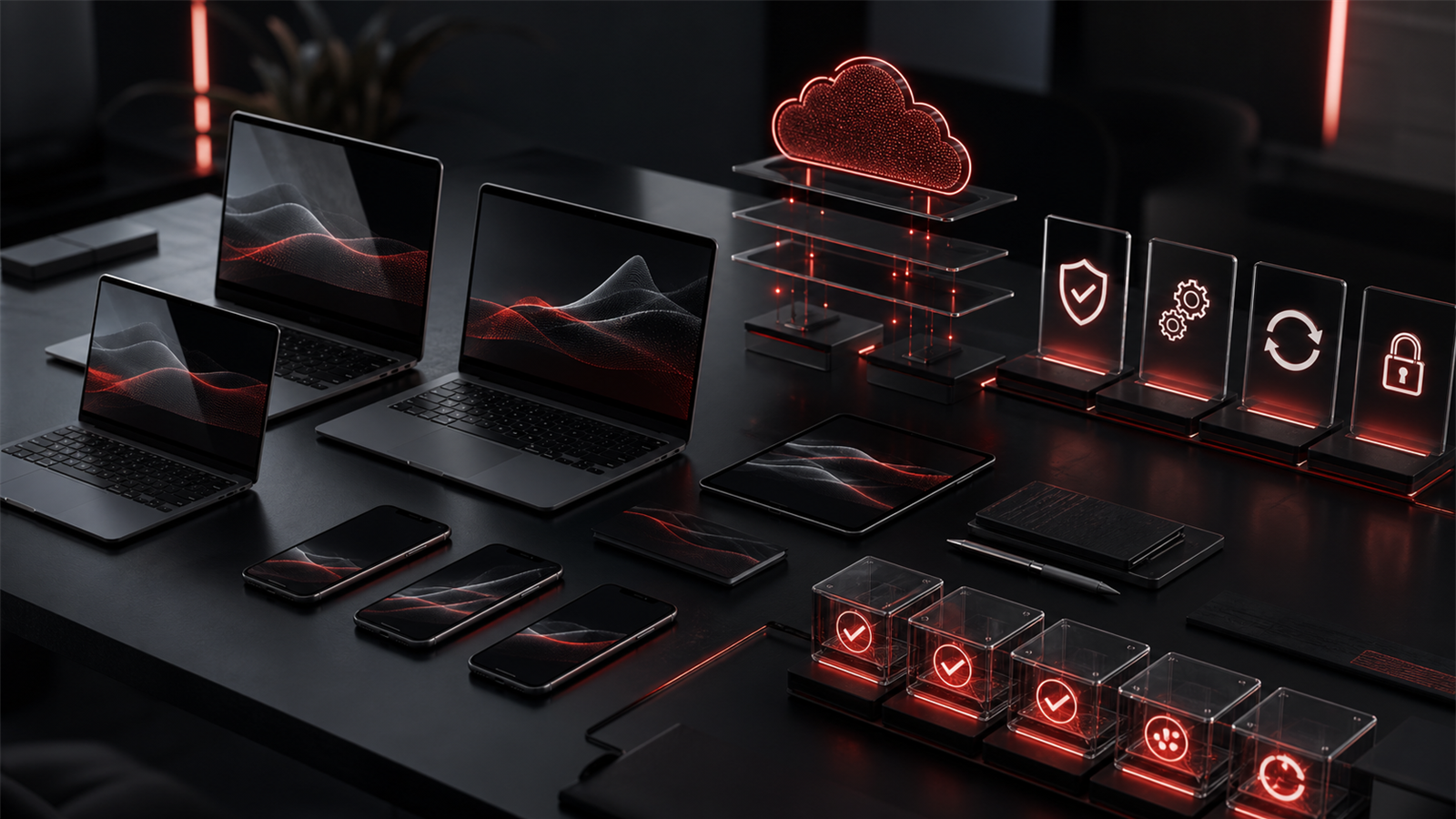 Premium red and black managed IT workspace showing standardized business devices, secure cloud layers, lifecycle controls, and endpoint management indicators.