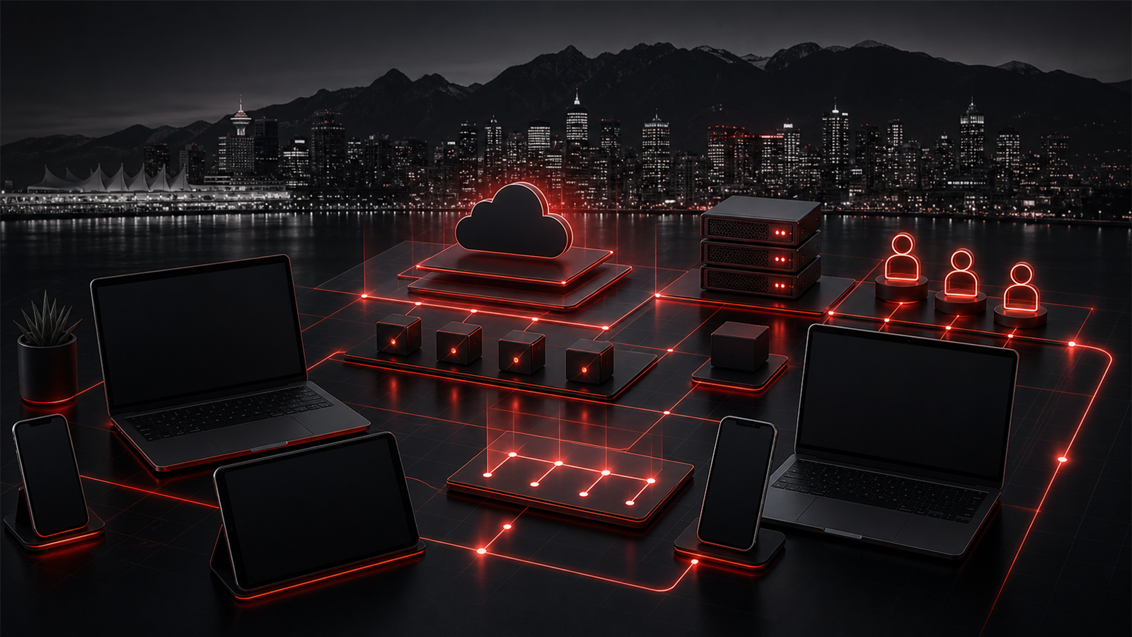 Premium red and black Vancouver managed IT services scene showing business devices, cloud systems, secure service layers, and local support operations.