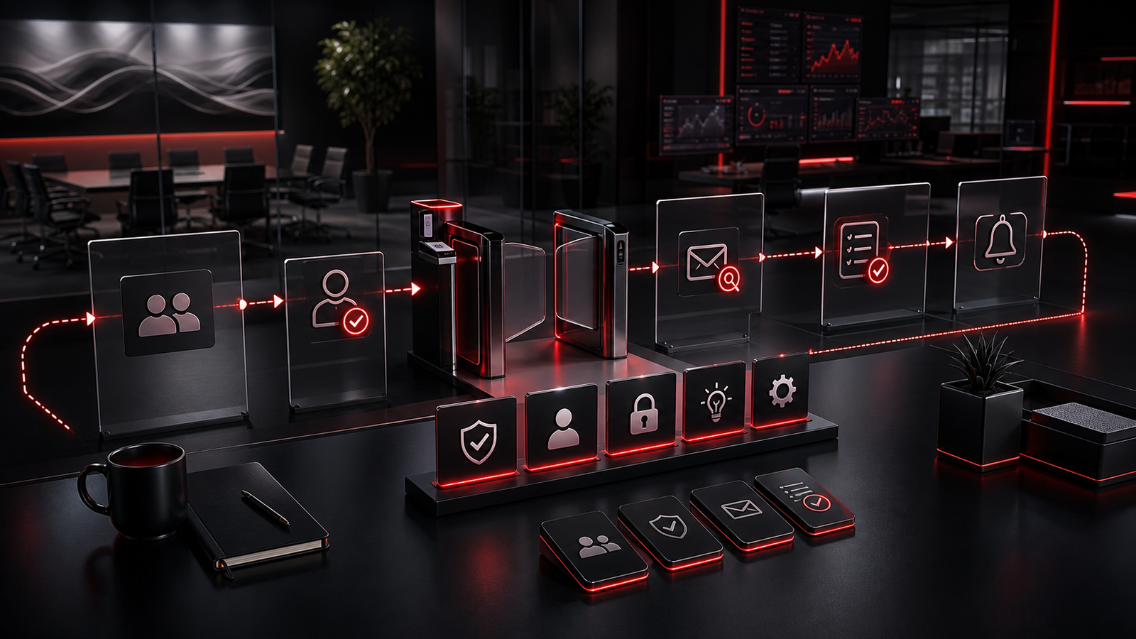Premium red and black security awareness operations scene showing everyday business workflows, access checkpoints, secure message review, and reporting paths.