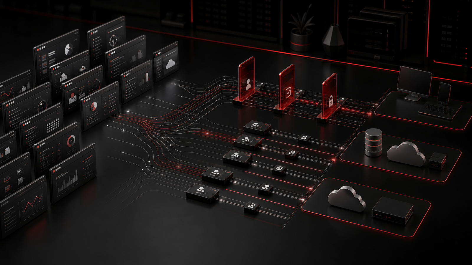 Premium red and black cloud application governance scene showing business apps organized into secure access lanes, approval checkpoints, and controlled data flows.
