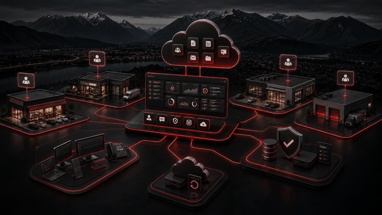 Premium red and black Chilliwack managed IT support scene showing local business technology, cloud systems, device groups, cybersecurity checks, and organized service lanes.