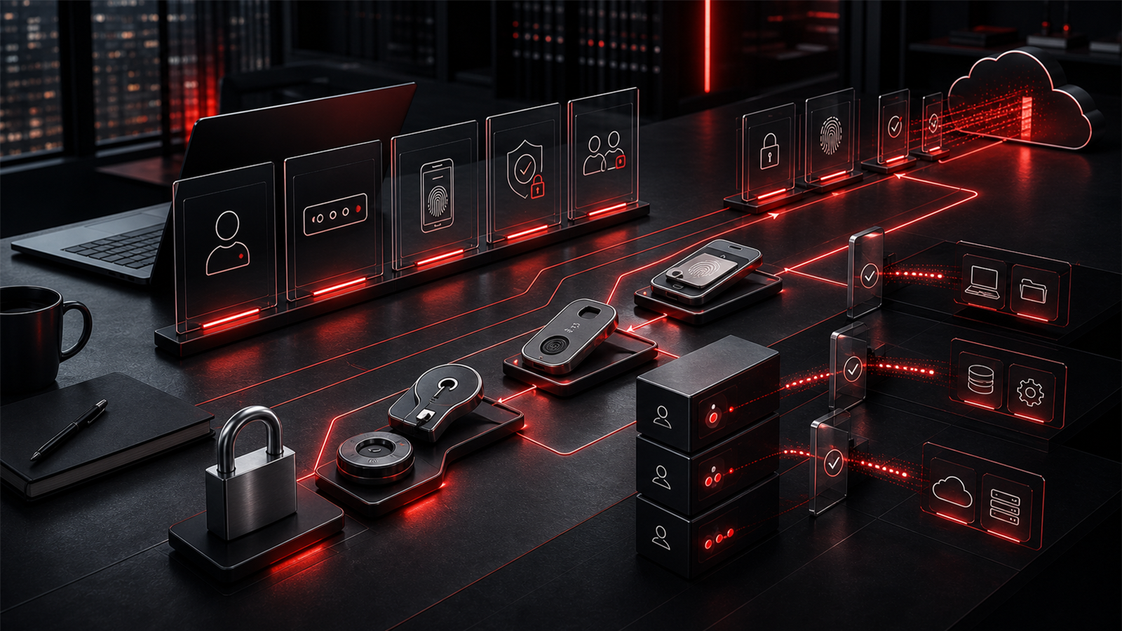 Premium red and black business technology workspace showing credential controls, MFA gates, passkeys, and secure login pathways.