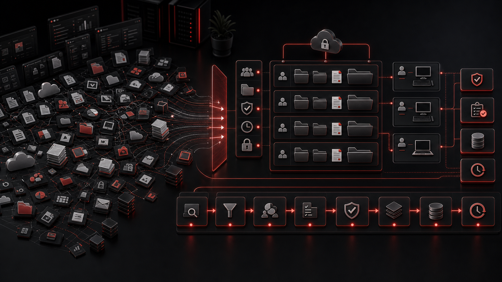 Premium red and black Microsoft 365-style file governance visual showing scattered business files moving into organized libraries, secure access lanes, and controlled collaboration zones.